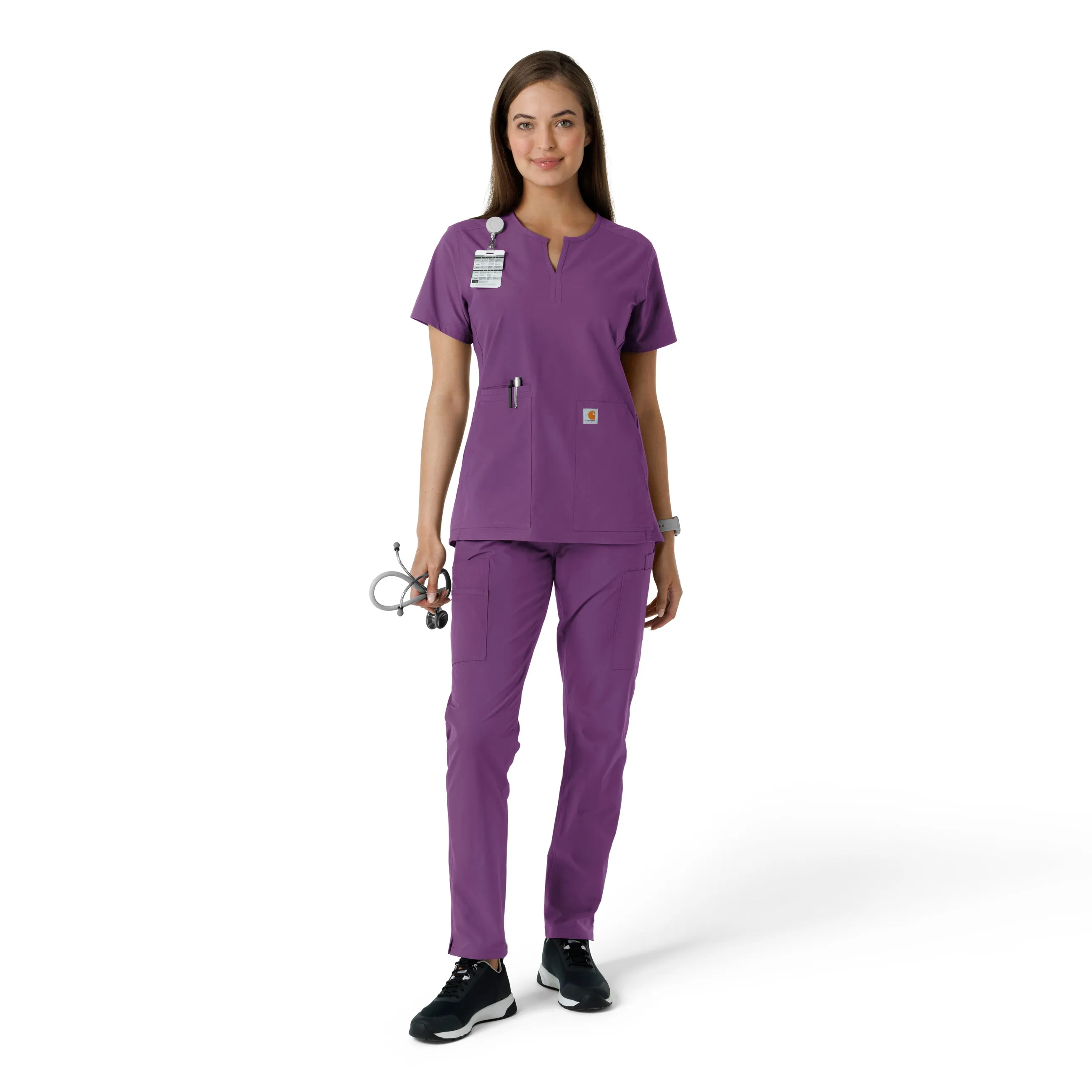 Carhartt Force Essentials Women's Notch Neck Tunic Knit Panel Scrub Top - Eggplant