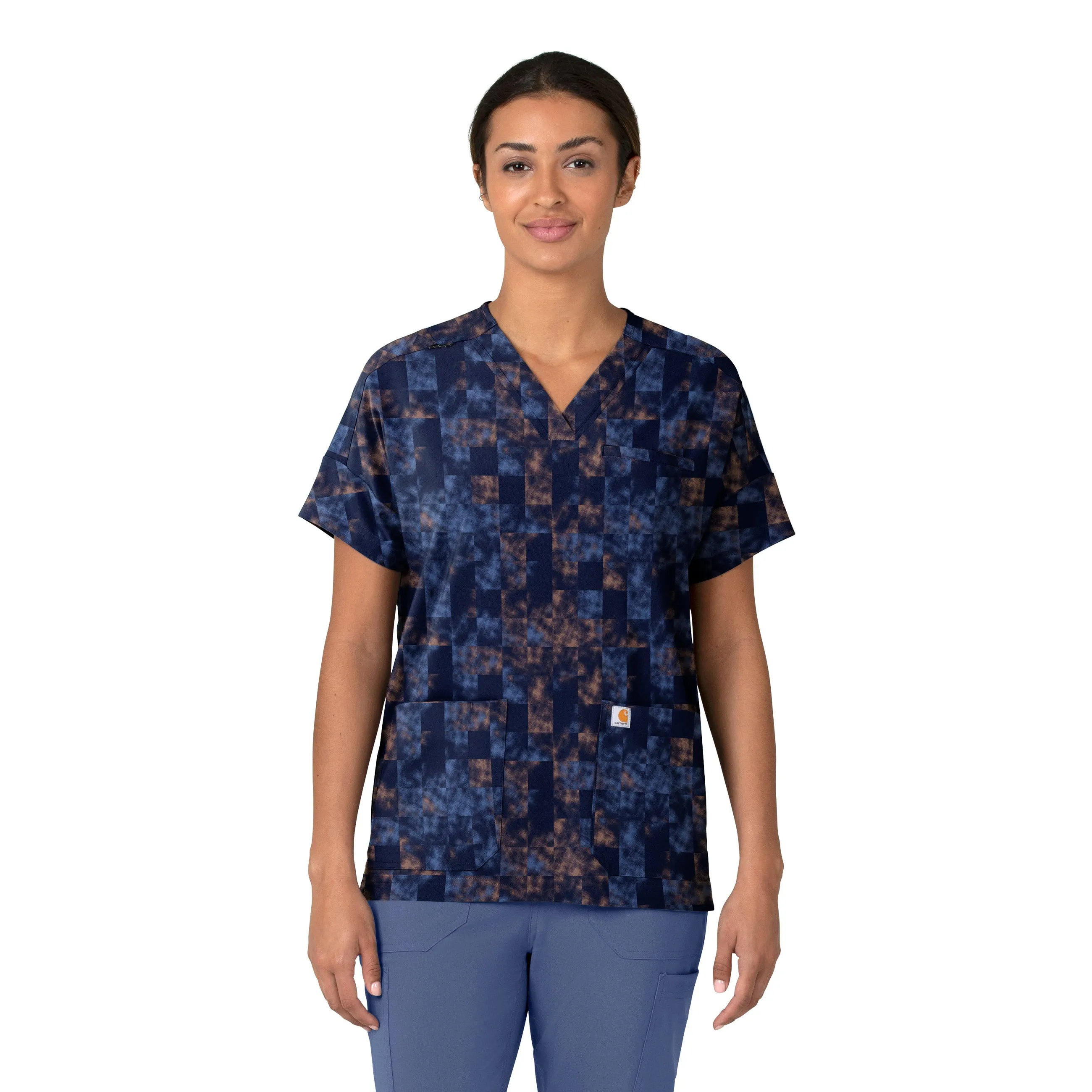 Carhartt Women's Oversized V-Neck Print Scrub Top - Charming Checks