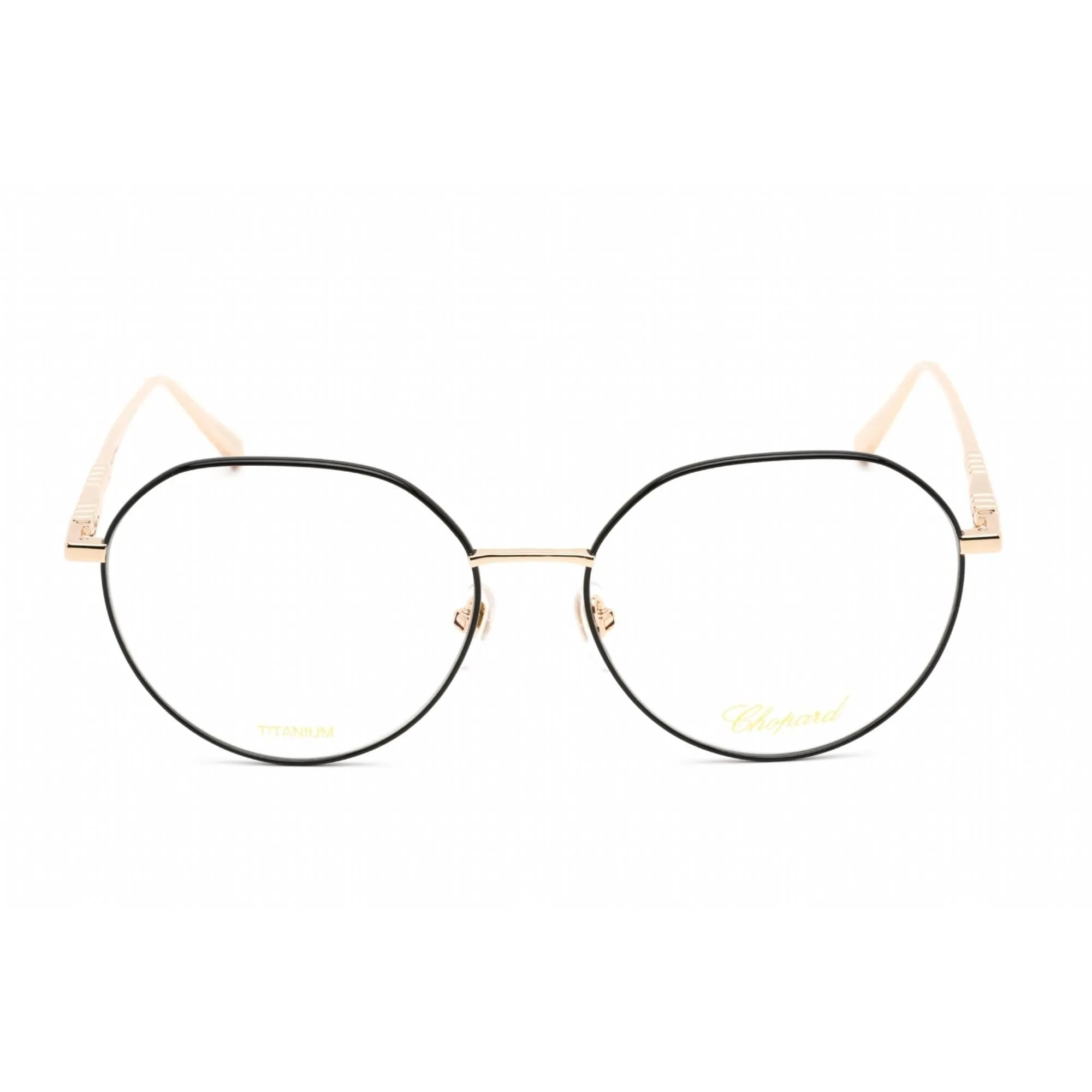 Chopard Women's Eyeglasses - Shiny Rose Gold/Black Metal Round Frame | VCHF71M 0301