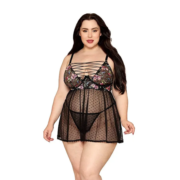 Crisscross Embroidered Babydoll & G-String