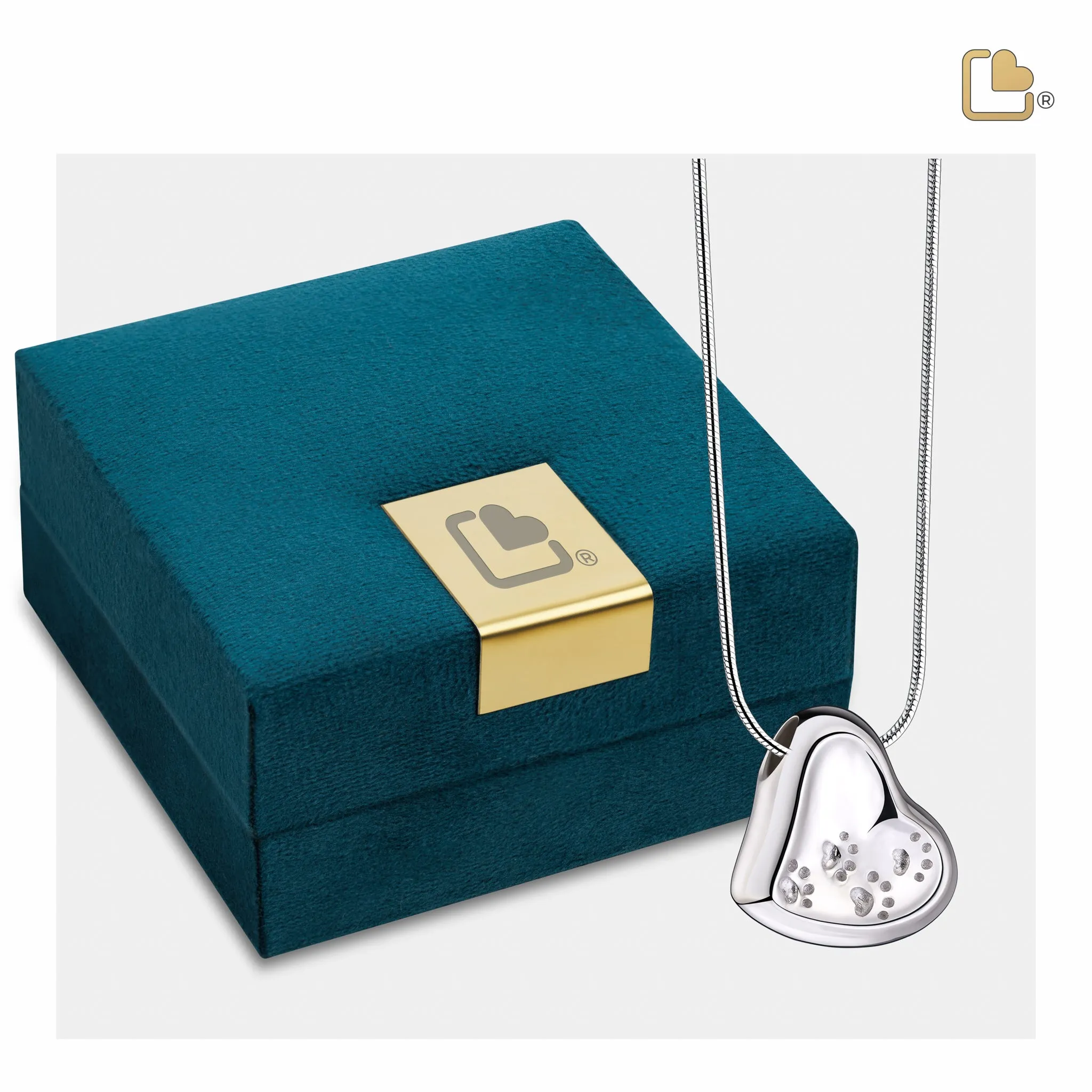 Leaning Heart with Paw Prints Two Tone Rhodium Plated Sterling Silver Cremation Pendant