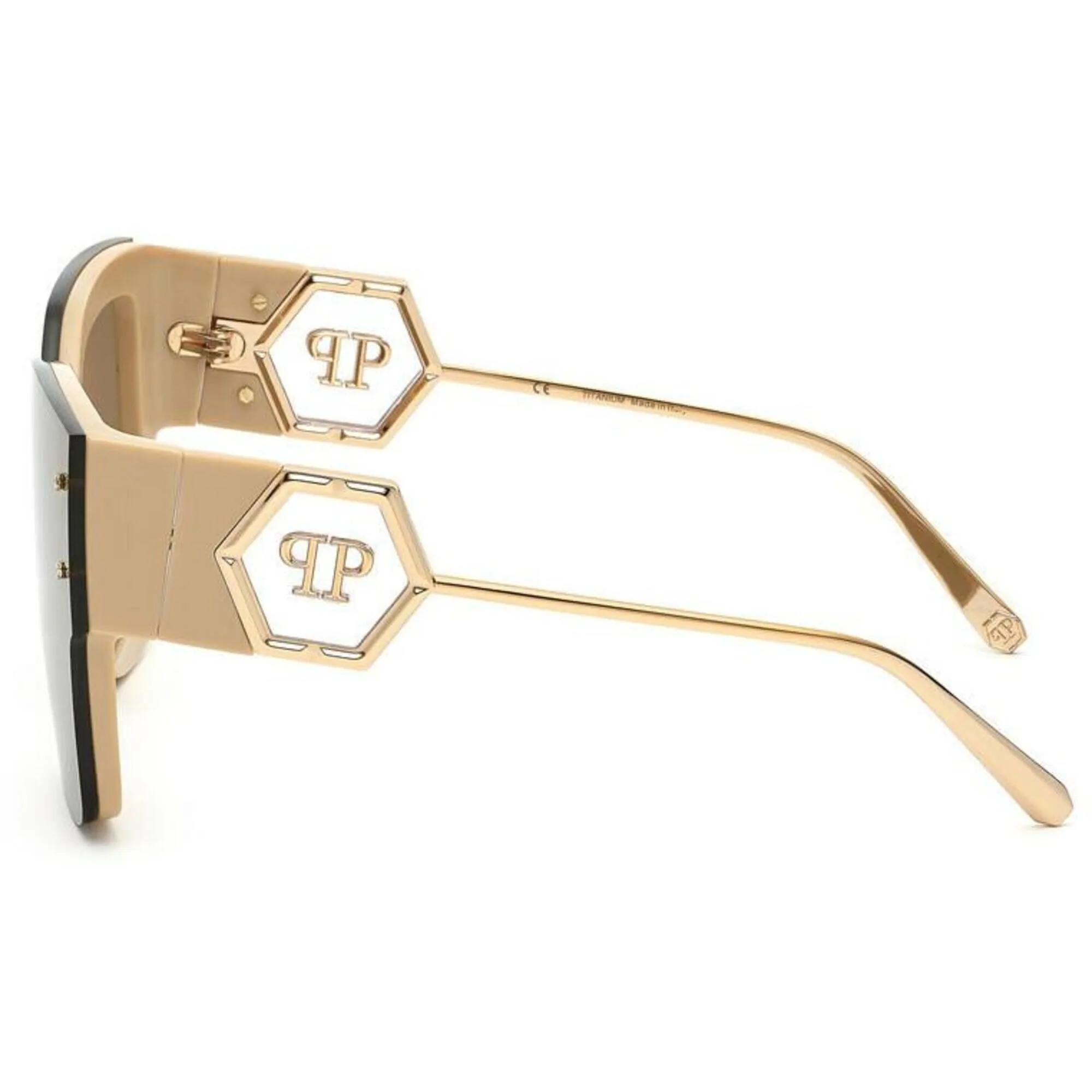 Philipp Plein Women's Sunglasses - Beige Acetate Frame Gold Mirror Lens | SPP041M 6CTG