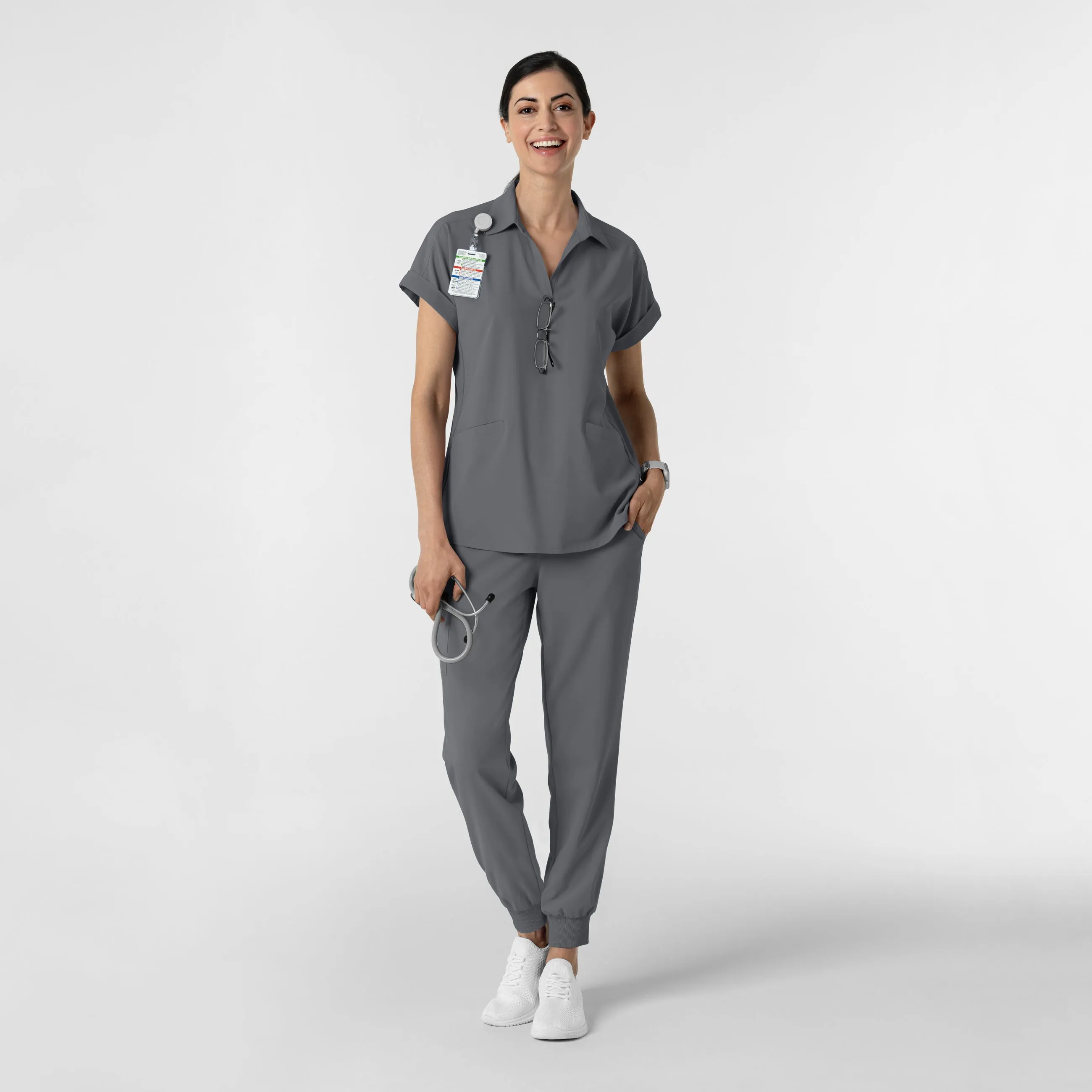 RENEW Women’s Flex-n-Reach Collar Scrub Top - Pewter