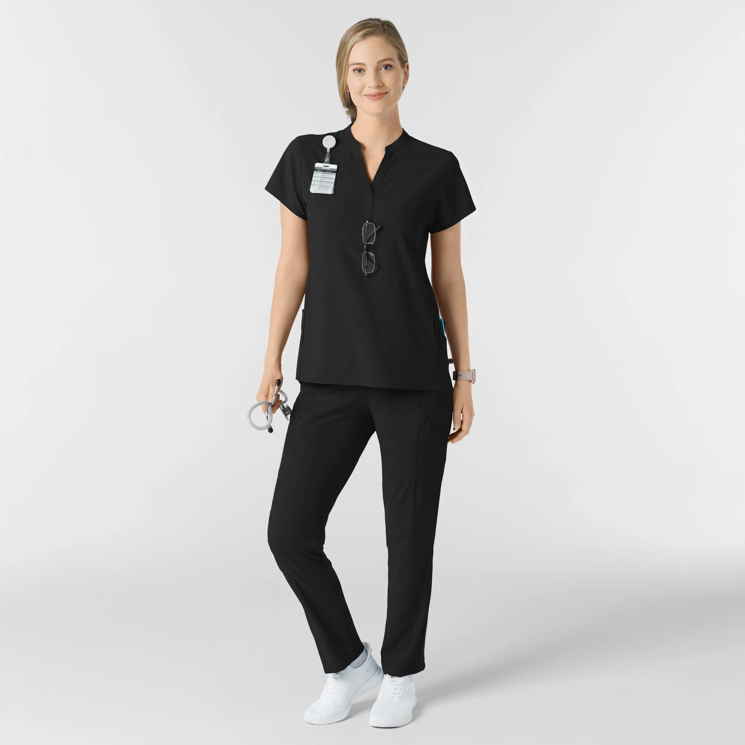 RENEW Women's Mandarin Collar Scrub Top - Black
