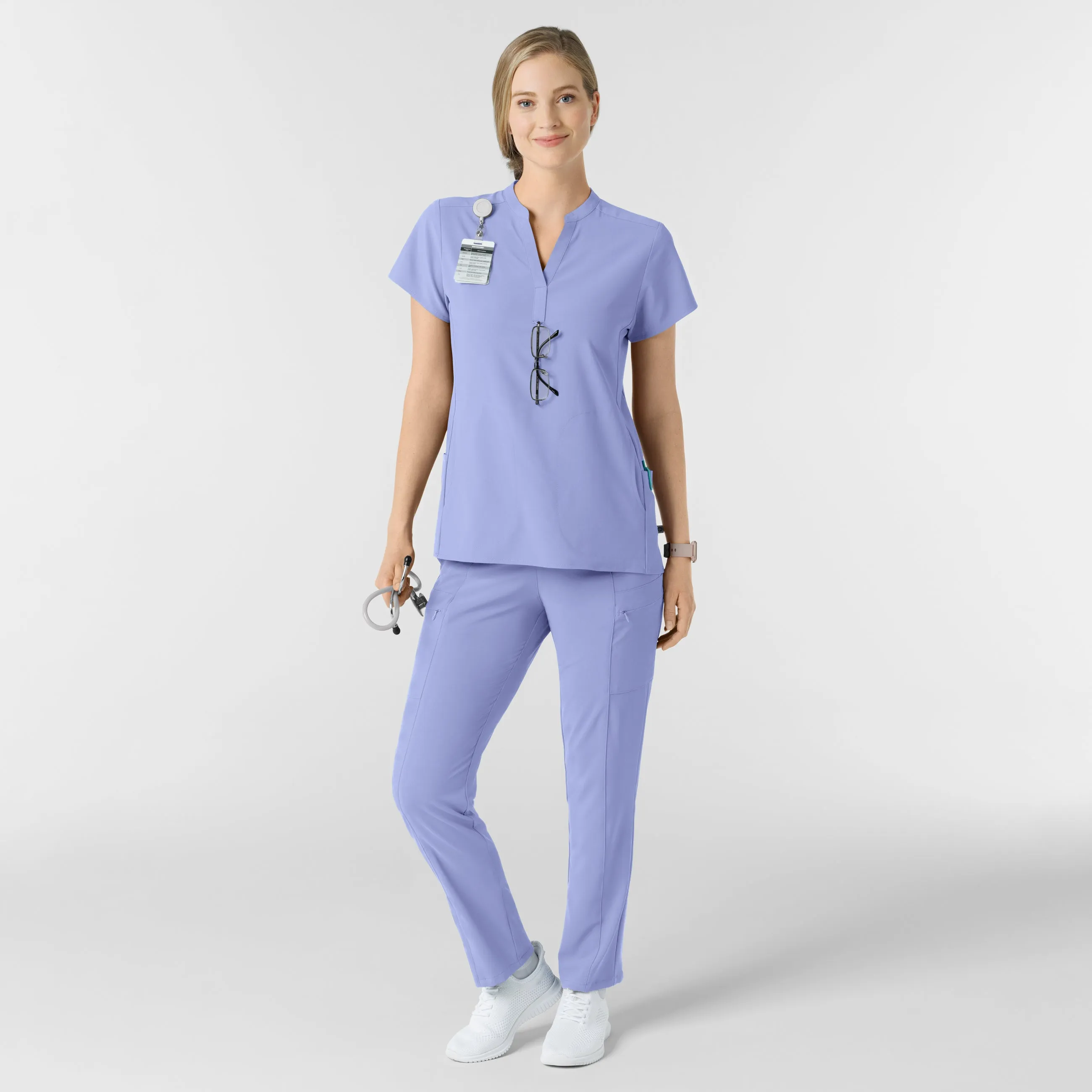 RENEW Women's Mandarin Collar Scrub Top - Ceil Blue