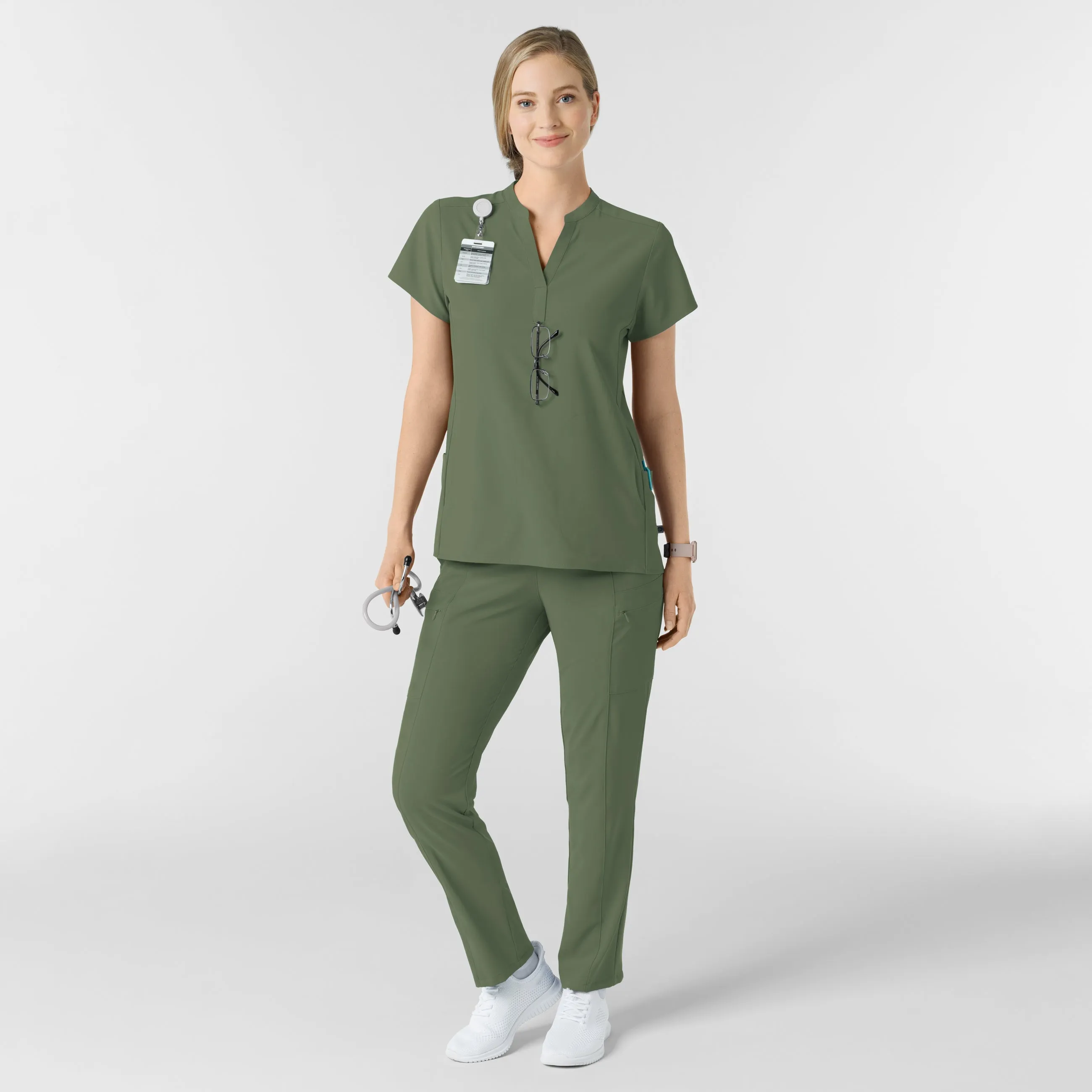 RENEW Women's Mandarin Collar Scrub Top - Olive
