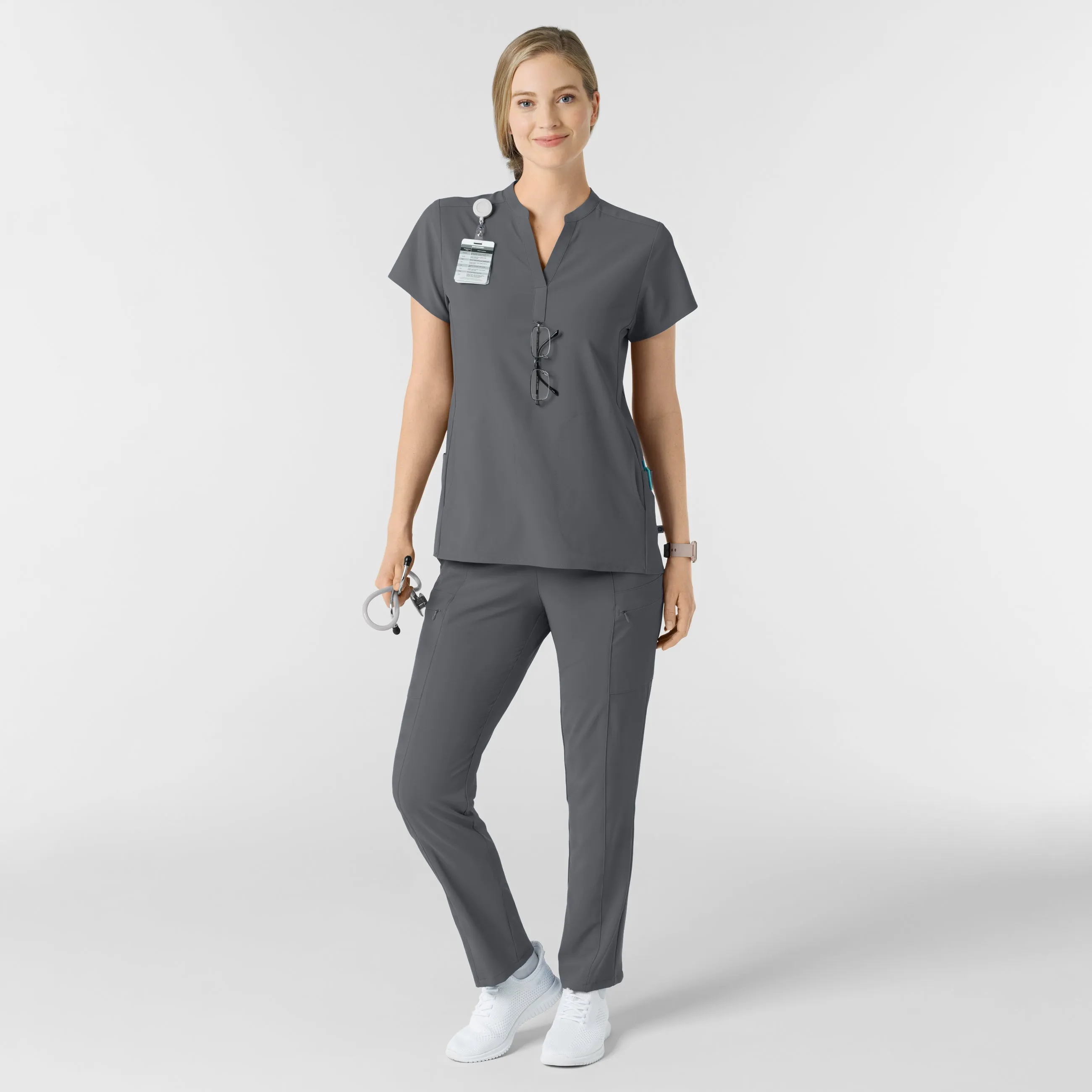 RENEW Women's Mandarin Collar Scrub Top - Pewter