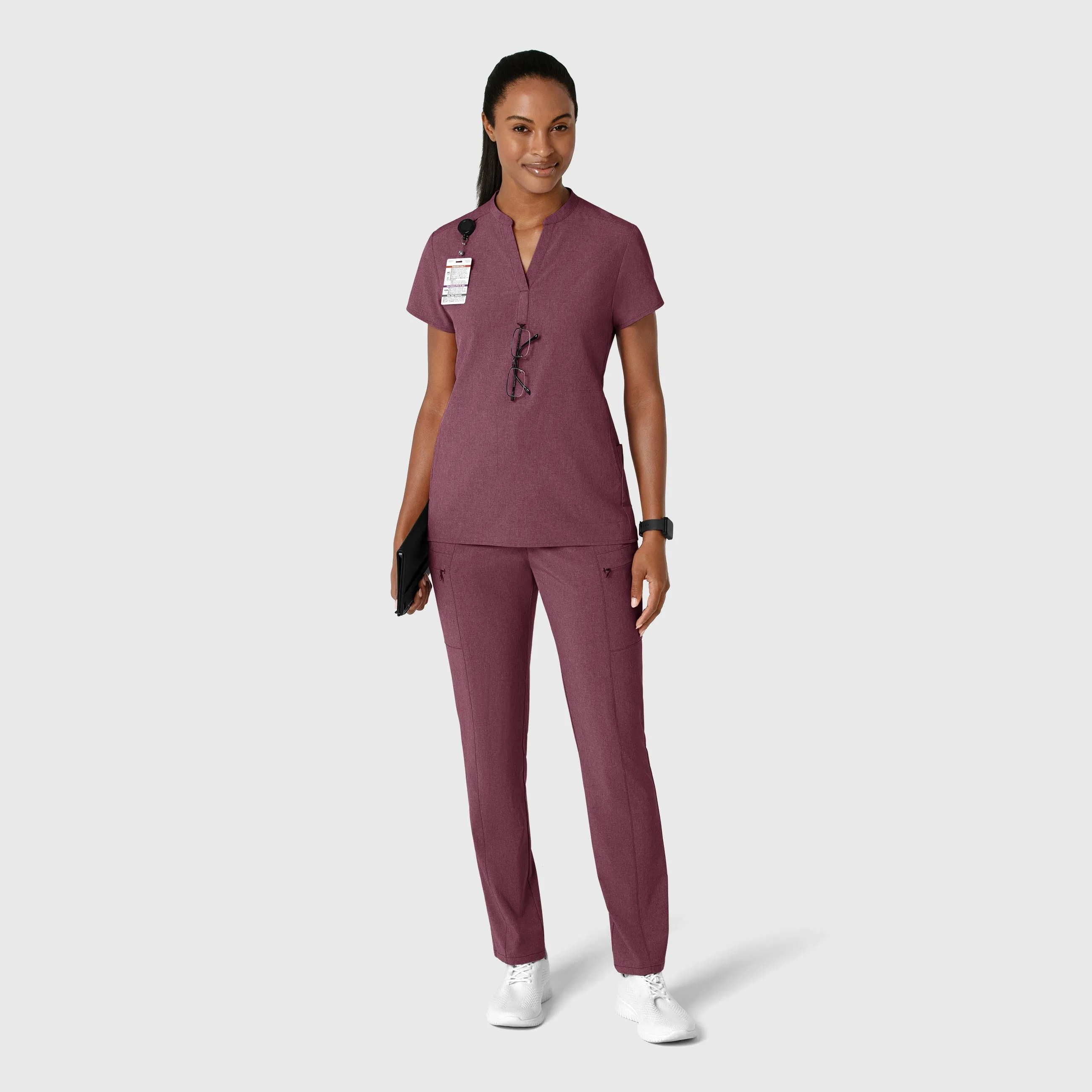 RENEW Women's Mandarin Collar Scrub Top - Wine Heather