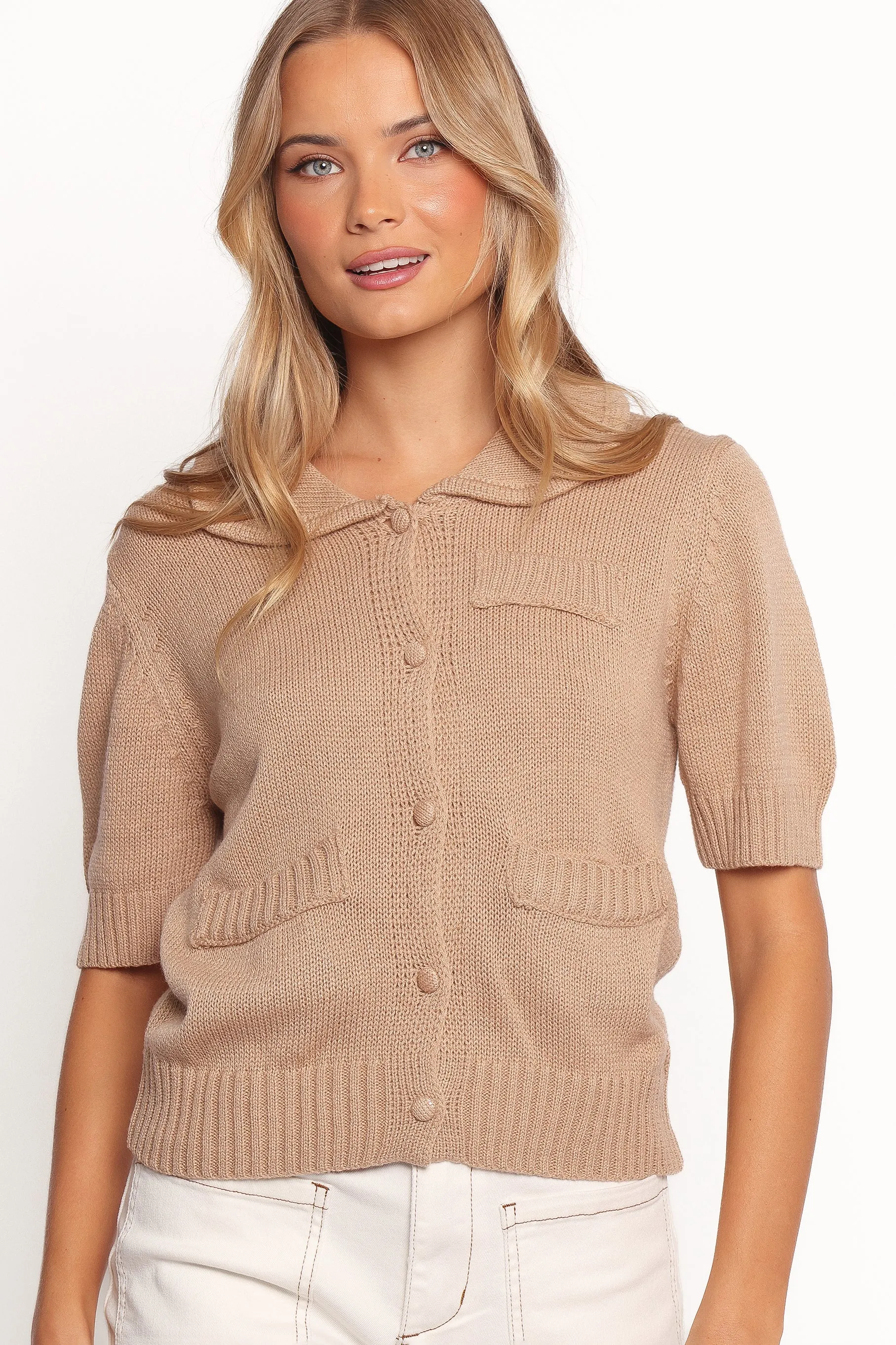 Roman Button Front Cardigan - Beige