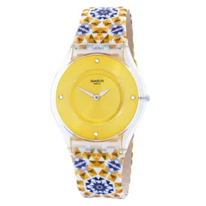 Swatch Women's Watch - Skin Seminato Swiss Quartz Gold Tone Dial Nylon Strap | SFW107
