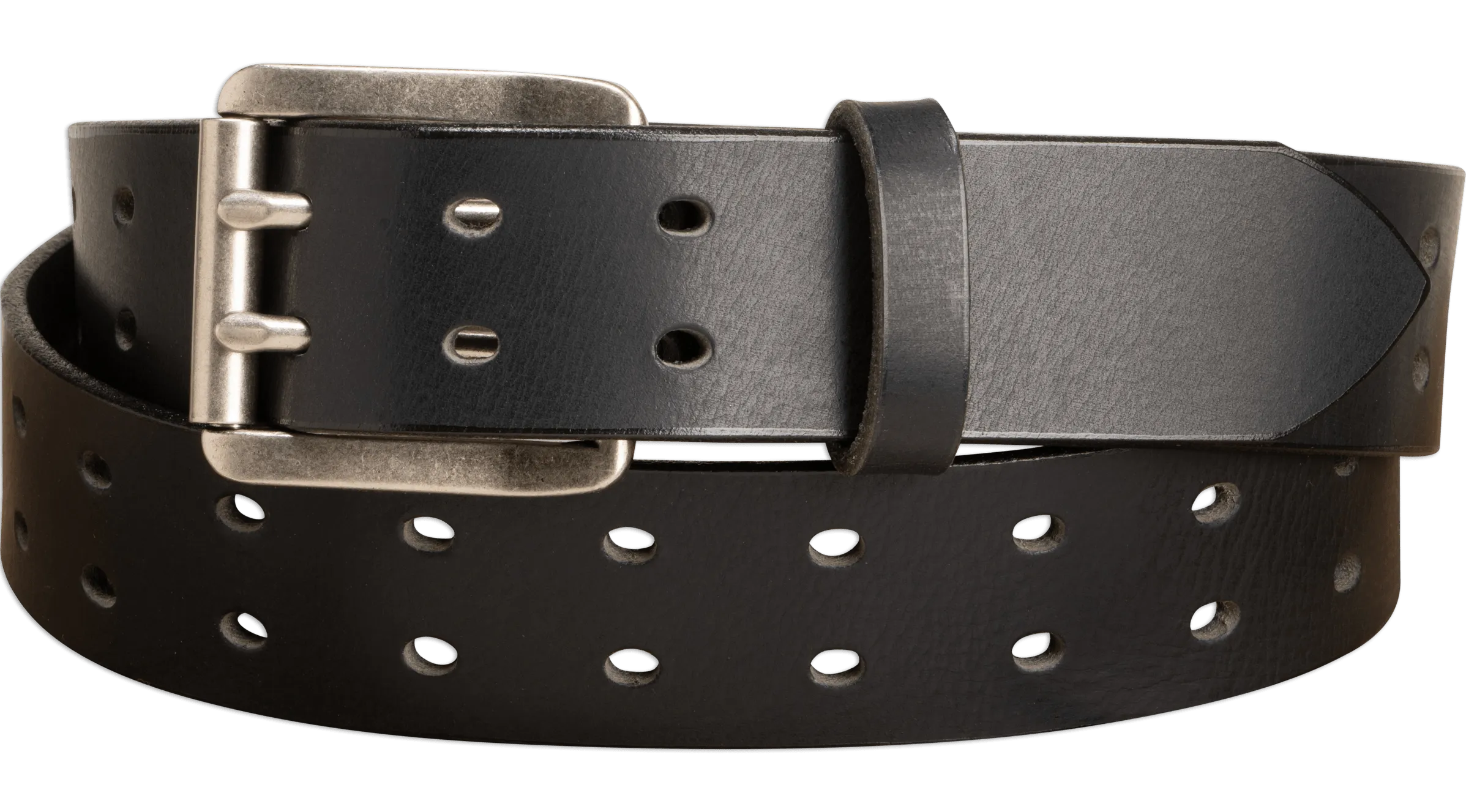 The Holey Buffalo: Black Non Stitched Double Prong Water Buffalo Leather Belt With Nickel Roller 1.50" (Soft & Flexible)