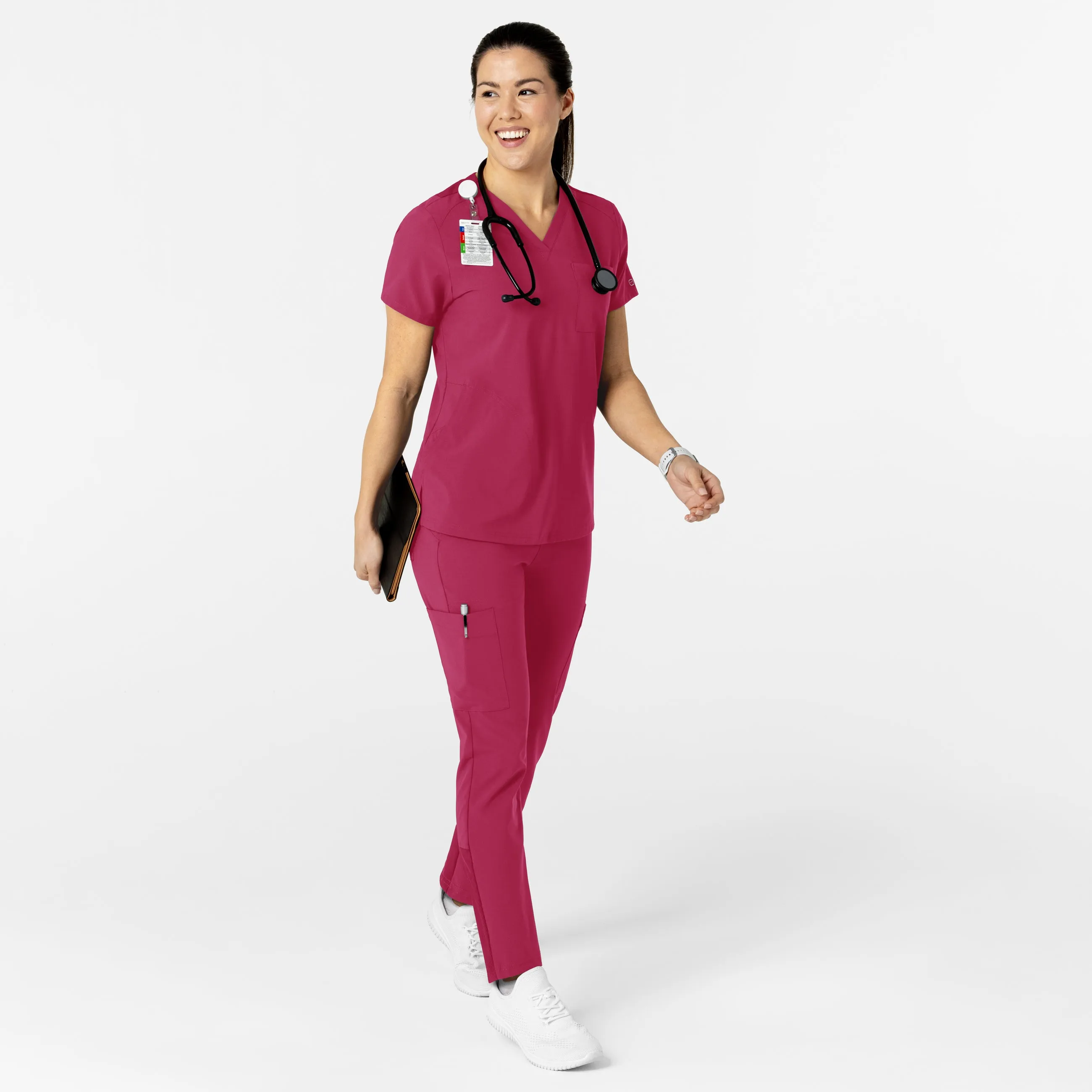 W123 Women's Flex-n-Reach V-Neck Scrub Top - Viva Magenta